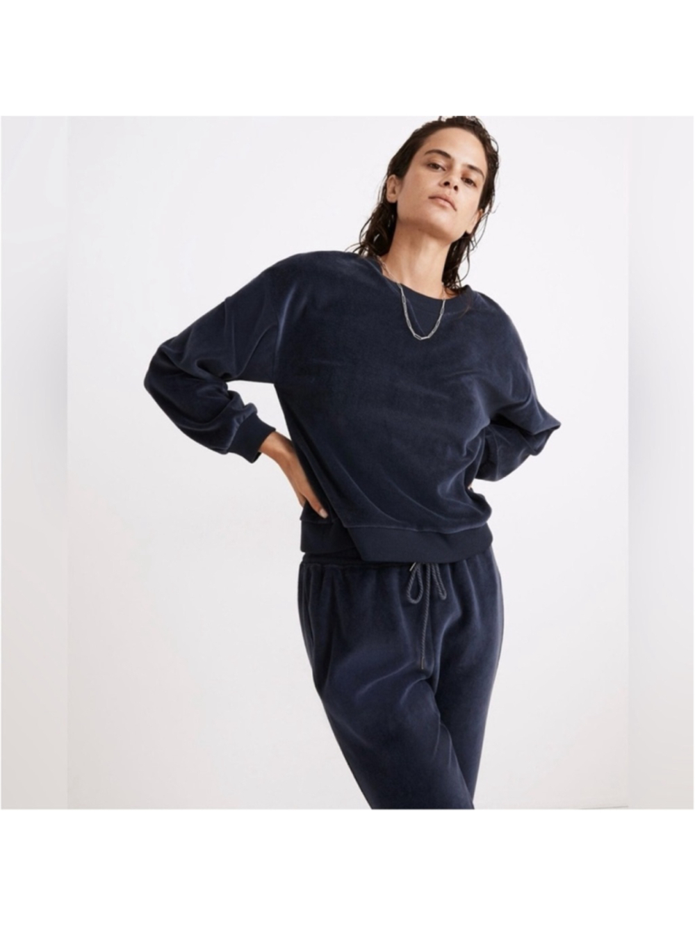 Madewell MWL Velour Crewneck Sweatshirt in Deep Navy Blue Size XL Cozy Soft EUC